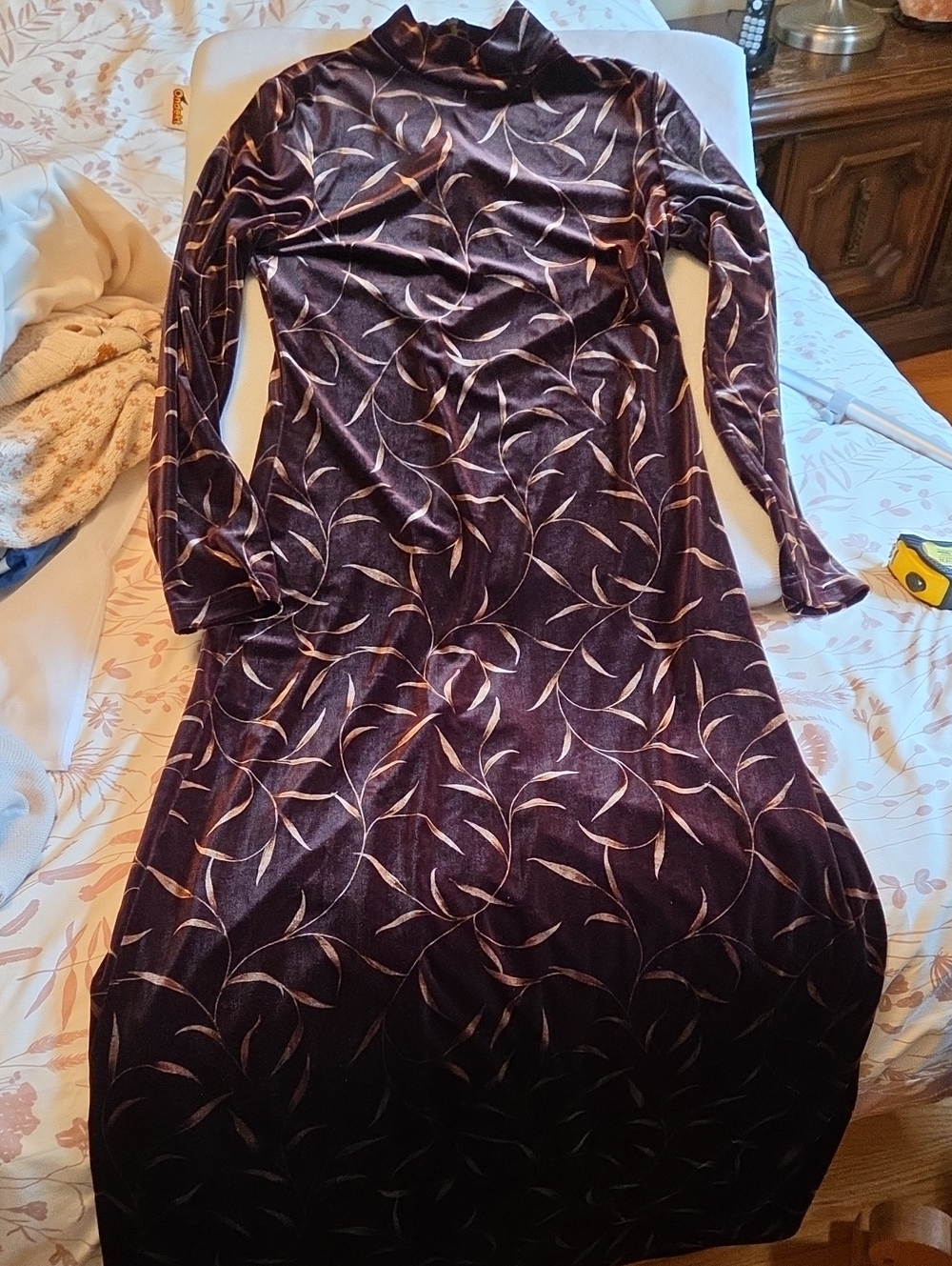 Women’s Long Sleeve Mock Neck Velvet Dress in Deep Brown with Gold Leaf Print